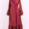 SALE Sylvia Wrap Dress - Vintage Indian Sari - Biscotti & Magenta Tile Print (XS - S/M)