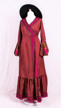 SALE Sylvia Wrap Dress - Vintage Indian Sari - Biscotti & Magenta Tile Print (XS - S/M)
