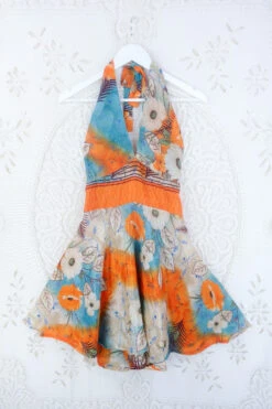 Sydney Mini Halter Dress - Solar Flare Orange Floral - Vintage Sari - S