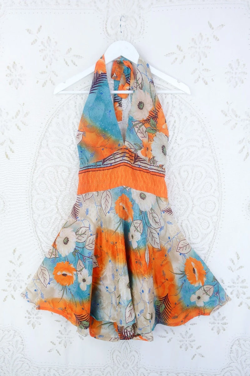 Sydney Mini Halter Dress - Solar Flare Orange Floral - Vintage Sari - S 1 Sydney Mini Halter Dress - Solar Flare Orange Floral - Vintage Sari - S