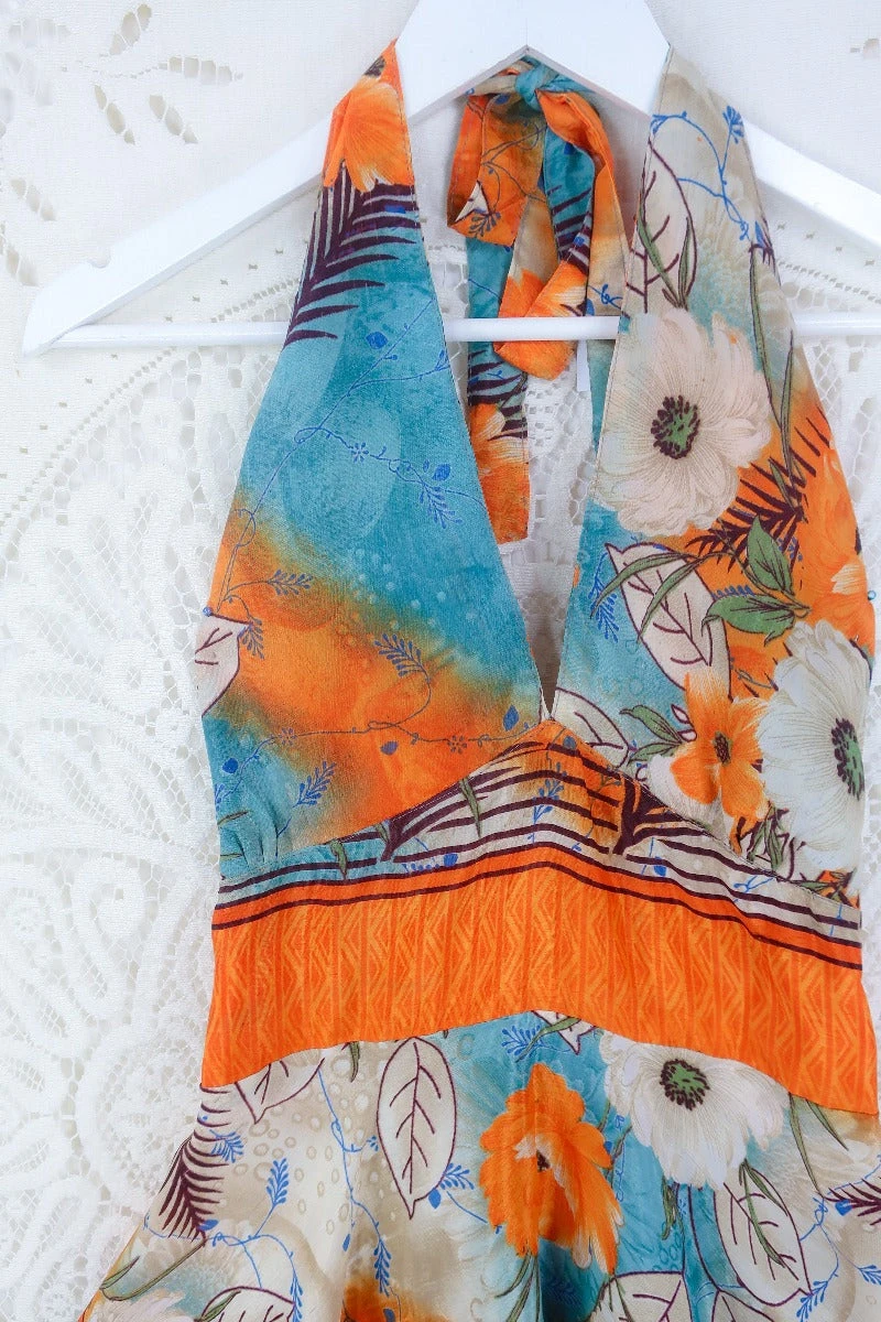Sydney Mini Halter Dress - Solar Flare Orange Floral - Vintage Sari - S 2 Sydney Mini Halter Dress - Solar Flare Orange Floral - Vintage Sari - S - Image 2