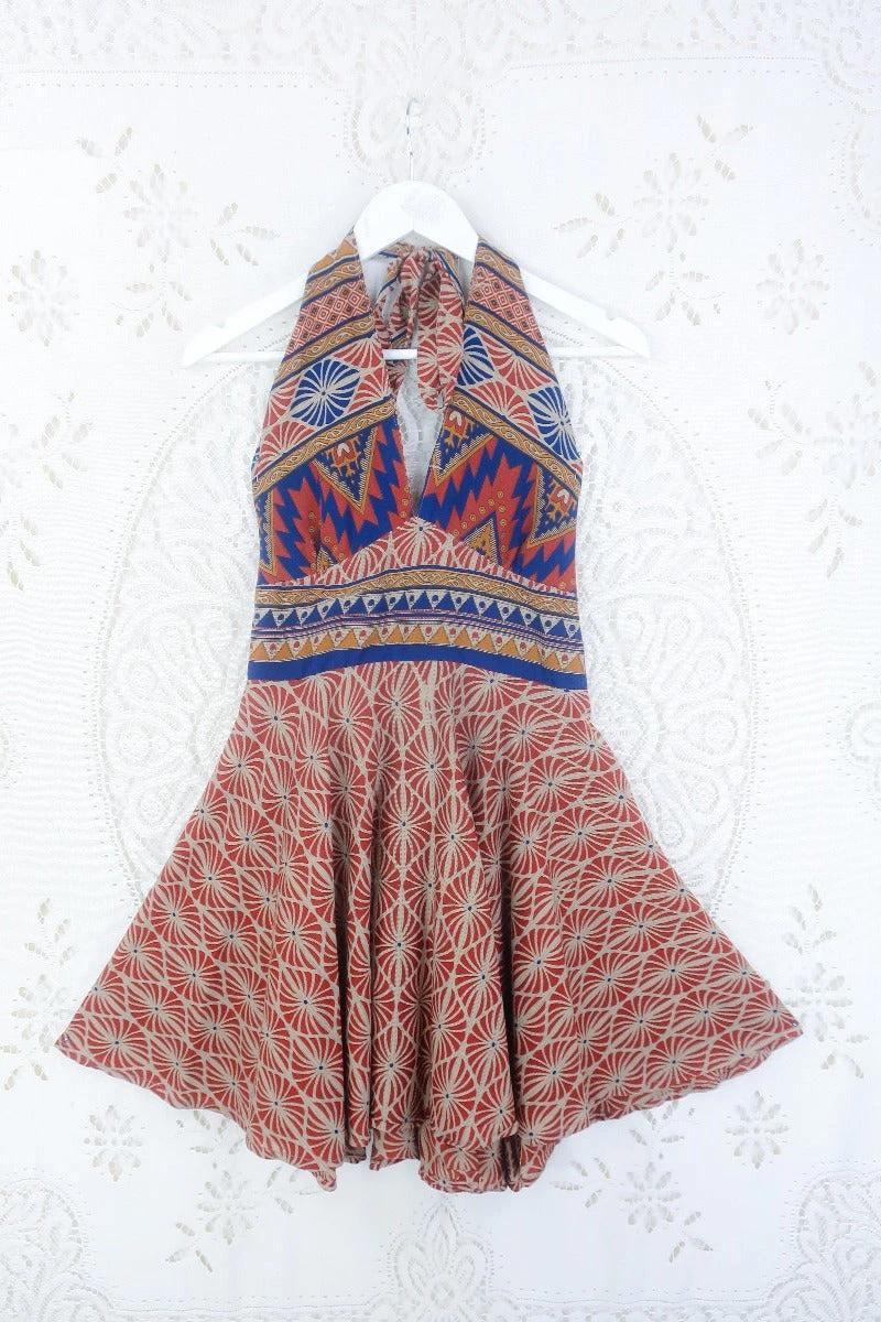 SALE Sydney Mini Halter Dress - Rust Red & Taupe - Vintage Sari - M/L 1 SALE Sydney Mini Halter Dress - Rust Red & Taupe - Vintage Sari - M/L