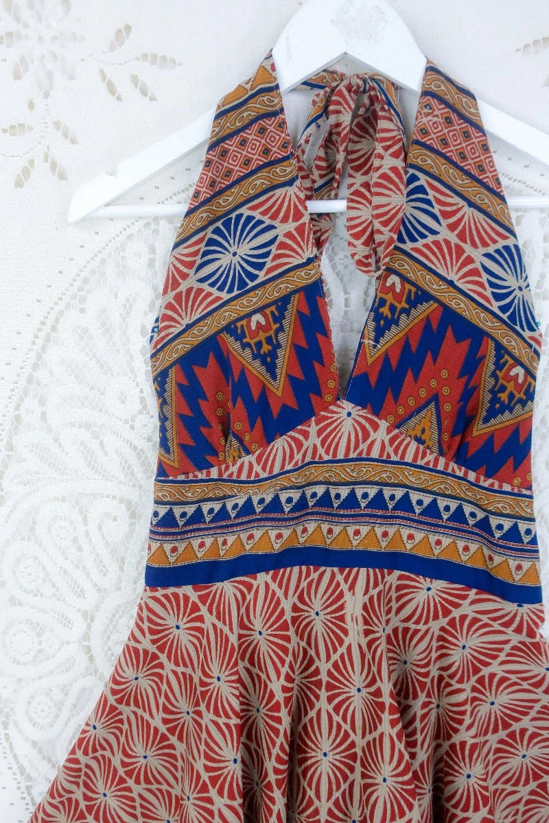 SALE Sydney Mini Halter Dress - Rust Red & Taupe - Vintage Sari - M/L 2 SALE Sydney Mini Halter Dress - Rust Red & Taupe - Vintage Sari - M/L - Image 2