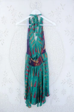Sydney Mini Halter Dress - Sea Green Shimmer - Vintage Sari - S -KIKIS Clothing Shop IMG 5175 778265d4 2786 4f12 9871 0244f5205f8d