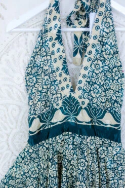 Sydney Mini Halter Dress - Pine Green & Golden Cream - Vintage Sari - M/L -KIKIS Clothing Shop IMG 5177 242dca55 3cde 4abd b582 23922a089046