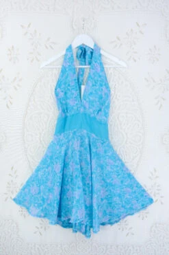 Sydney Mini Halter Dress - Crystal Blue Floral - Vintage Sari - S/M -KIKIS Clothing Shop IMG 5182 7768b699 07cf 442c b305 c281fbf0cd8f