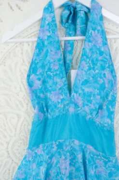 Sydney Mini Halter Dress - Crystal Blue Floral - Vintage Sari - S/M -KIKIS Clothing Shop IMG 5183 fc74d532 551f 4712 820c ade013c3fad9