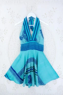 Sydney Mini Halter Dress - Malibu Blue - Vintage Sari - S/M