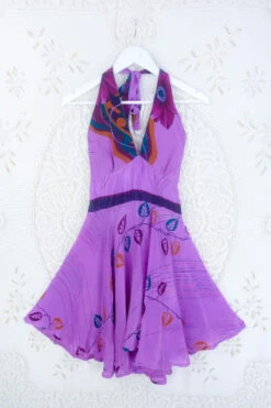SALE Sydney Mini Halter Dress - Midnight Lilac Floral - Vintage Sari - S/M
