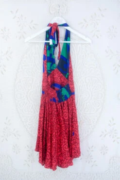 Sydney Mini Halter Dress - Rose Red Paisley Vines - Vintage Sari - S/M -KIKIS Clothing Shop IMG 5206
