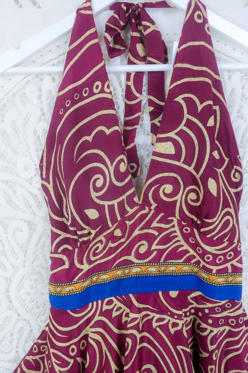 Sydney Mini Halter Dress - Plum Purple Botanical Swirls - Vintage Sari - S/M 2 Sydney Mini Halter Dress - Plum Purple Botanical Swirls - Vintage Sari - S/M - Image 2