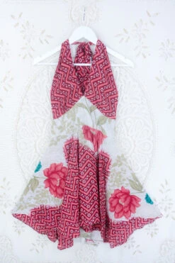 Sydney Mini Halter Dress - Cherry Red Floral Chevrons - Vintage Sari - S/M