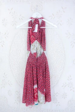 Sydney Mini Halter Dress - Cherry Red Floral Chevrons - Vintage Sari - S/M -KIKIS Clothing Shop IMG 5221 c77de2c5 4f8a 4ea9 b224 37b4911826de