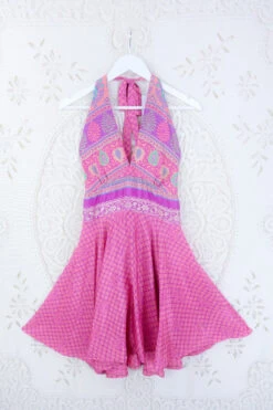 Sydney Mini Halter Dress - Peach & Amethyst Paisley Tiles - Vintage Sari - S