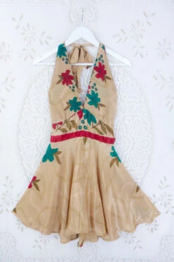Sydney Mini Halter Dress - Golden Fawn With Precious Florals - Vintage Sari - S