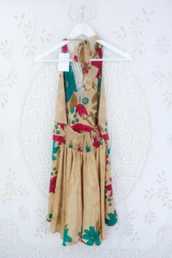Sydney Mini Halter Dress - Golden Fawn With Precious Florals - Vintage Sari - S -KIKIS Clothing Shop IMG 5233 744ff0a7 cb2e 4250 b0c6 f47d3cffe1ad