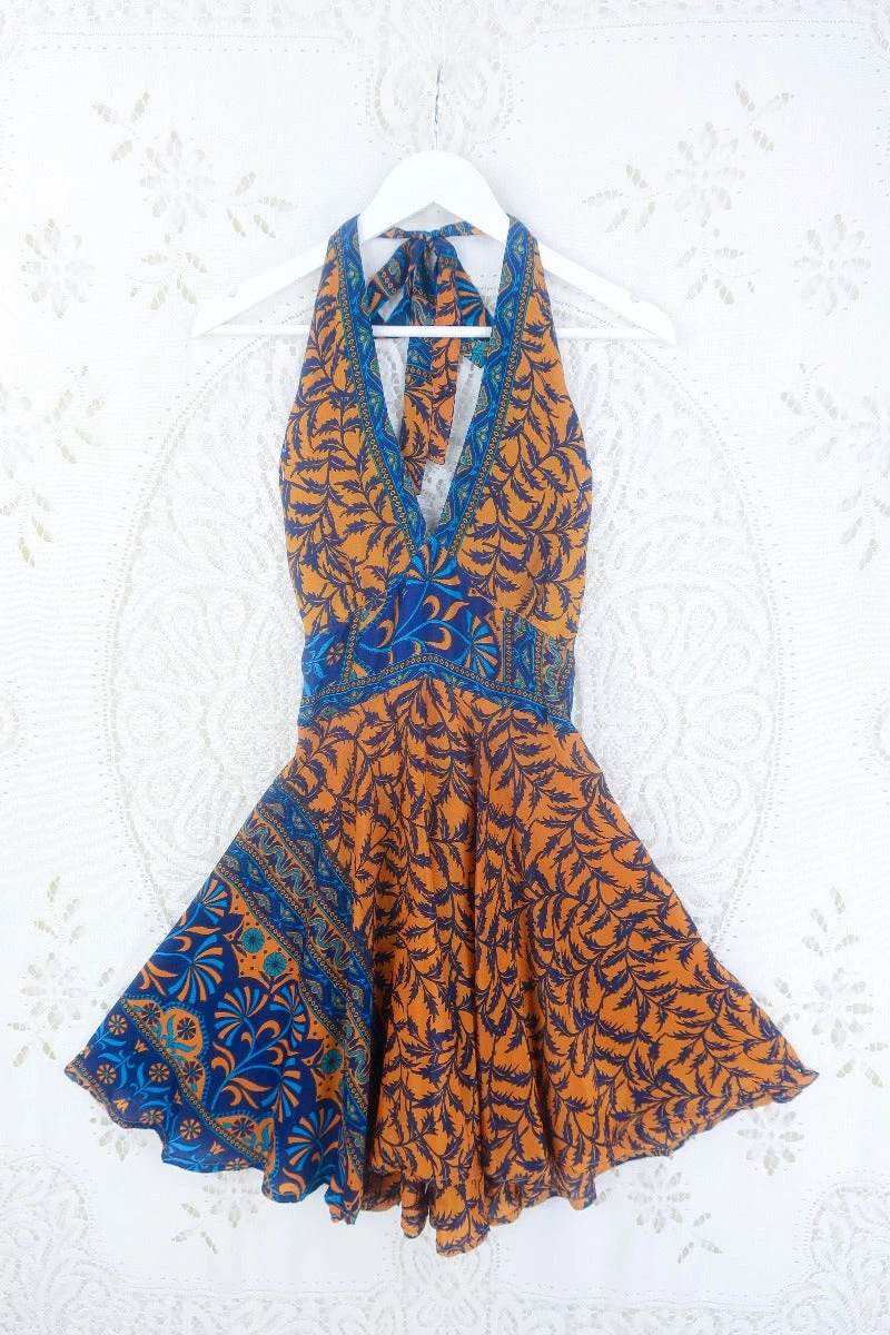 Sydney Mini Halter Dress - Amber & Navy Botanical - Vintage Sari - S/M 1 Sydney Mini Halter Dress - Amber & Navy Botanical - Vintage Sari - S/M