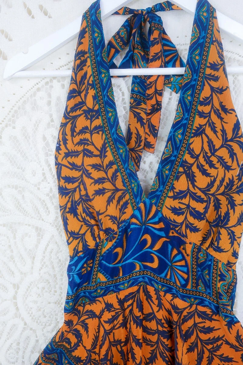 Sydney Mini Halter Dress - Amber & Navy Botanical - Vintage Sari - S/M 2 Sydney Mini Halter Dress - Amber & Navy Botanical - Vintage Sari - S/M - Image 2