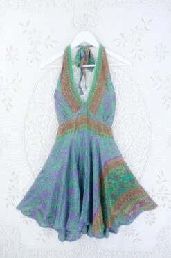 Sydney Mini Halter Dress - Emerald & Violet Floral - Vintage Sari - S/M