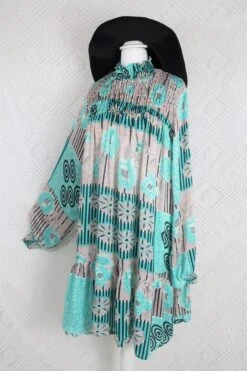 Mona Mini Dress - Vintage Indian Sari - Mauve & Aqua Floral - Free Size