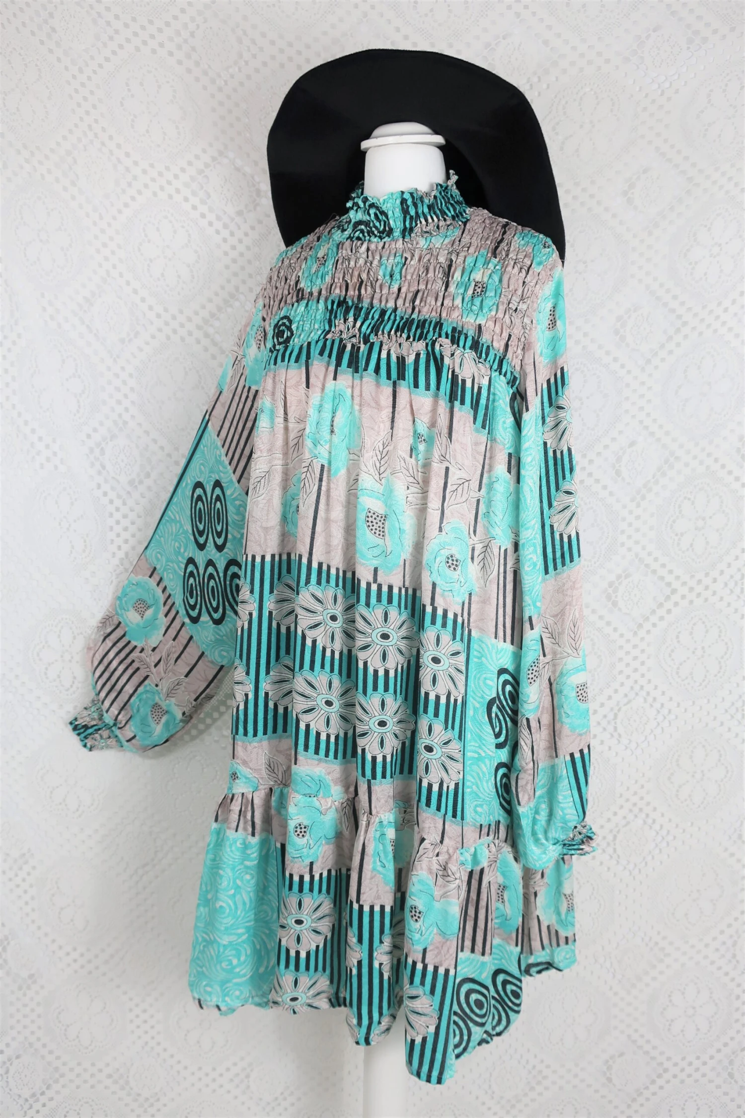 Mona Mini Dress - Vintage Indian Sari - Mauve & Aqua Floral - Free Size 1 Mona Mini Dress - Vintage Indian Sari - Mauve & Aqua Floral - Free Size