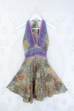 Sydney Mini Halter Dress - Gold & Mauve Floral - Vintage Sari - S/M