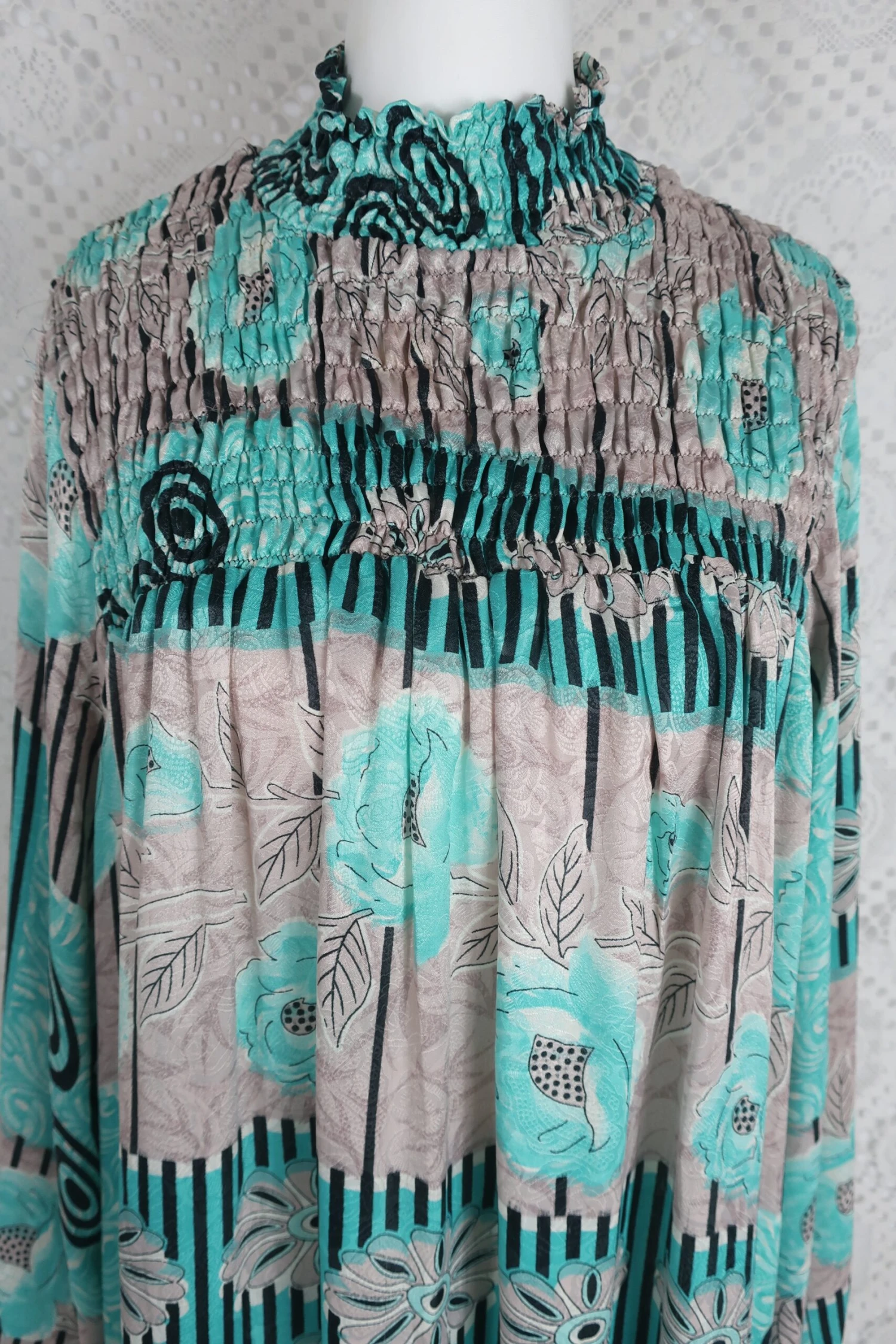 Mona Mini Dress - Vintage Indian Sari - Mauve & Aqua Floral - Free Size 3 Mona Mini Dress - Vintage Indian Sari - Mauve & Aqua Floral - Free Size - Image 3