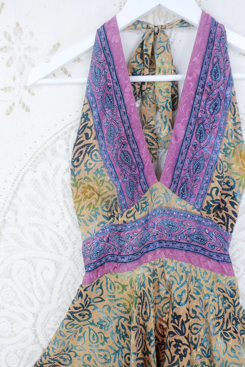 Sydney Mini Halter Dress - Gold & Mauve Floral - Vintage Sari - S/M 2 Sydney Mini Halter Dress - Gold & Mauve Floral - Vintage Sari - S/M - Image 2