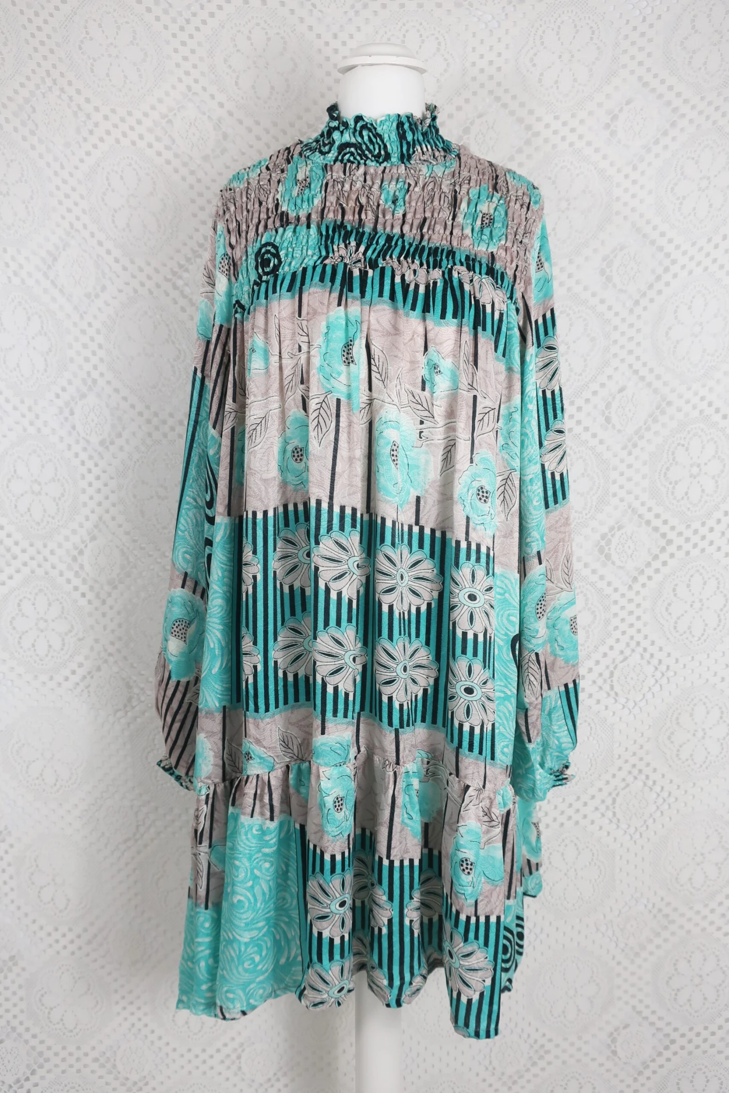 Mona Mini Dress - Vintage Indian Sari - Mauve & Aqua Floral - Free Size 2 Mona Mini Dress - Vintage Indian Sari - Mauve & Aqua Floral - Free Size - Image 2