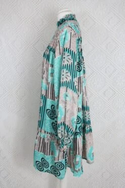 Mona Mini Dress - Vintage Indian Sari - Mauve & Aqua Floral - Free Size 10 Mona Mini Dress - Vintage Indian Sari - Mauve & Aqua Floral - Free Size -KIKIS Clothing Shop IMG 5249B