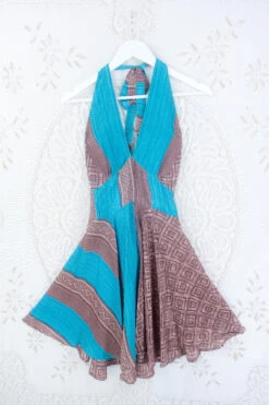 Sydney Mini Halter Dress - Aquamarine & Sandstone - Vintage Sari - S/M