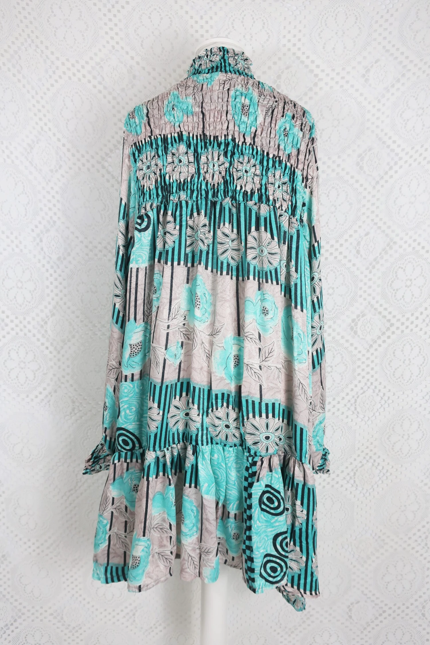 Mona Mini Dress - Vintage Indian Sari - Mauve & Aqua Floral - Free Size 6 Mona Mini Dress - Vintage Indian Sari - Mauve & Aqua Floral - Free Size - Image 6