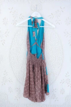 Sydney Mini Halter Dress - Aquamarine & Sandstone - Vintage Sari - S/M -KIKIS Clothing Shop IMG 5251