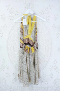 Sydney Mini Halter Dress - Sand & Sun Retro Floral - Vintage Sari - S/M -KIKIS Clothing Shop IMG 5259