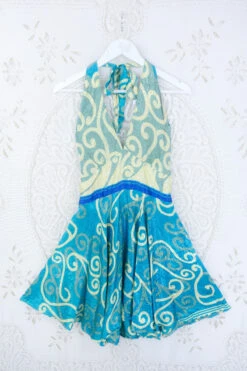 Sydney Mini Halter Dress - Moroccan Blue & Gold - Vintage Sari - S/M