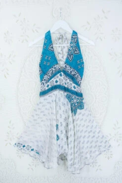 Sydney Mini Halter Dress - Salt White & Teal Mandala - Vintage Sari - S/M