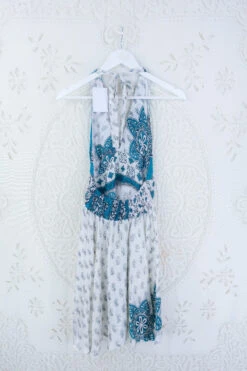 Sydney Mini Halter Dress - Salt White & Teal Mandala - Vintage Sari - S/M -KIKIS Clothing Shop IMG 5269