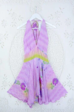 Sydney Mini Halter Dress - Sunrise Lilac & Chartreuse Floral - Vintage Sari - S/M