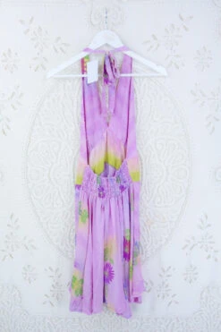 Sydney Mini Halter Dress - Sunrise Lilac & Chartreuse Floral - Vintage Sari - S/M -KIKIS Clothing Shop IMG 5272