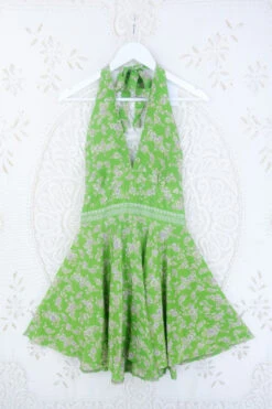 Sydney Mini Halter Dress - Silver Embroidered Apple Green Floral - Vintage Sari - S/M