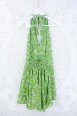 Sydney Mini Halter Dress - Silver Embroidered Apple Green Floral - Vintage Sari - S/M -KIKIS Clothing Shop IMG 5275 7d13d732 3dcb 439b b95b 50799b92df6a