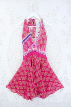 Sydney Mini Halter Dress - Bright Cerise Pink Floral Motif - Vintage Sari - S