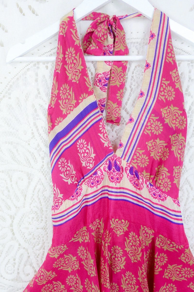 Sydney Mini Halter Dress - Bright Cerise Pink Floral Motif - Vintage Sari - S 2 Sydney Mini Halter Dress - Bright Cerise Pink Floral Motif - Vintage Sari - S - Image 2