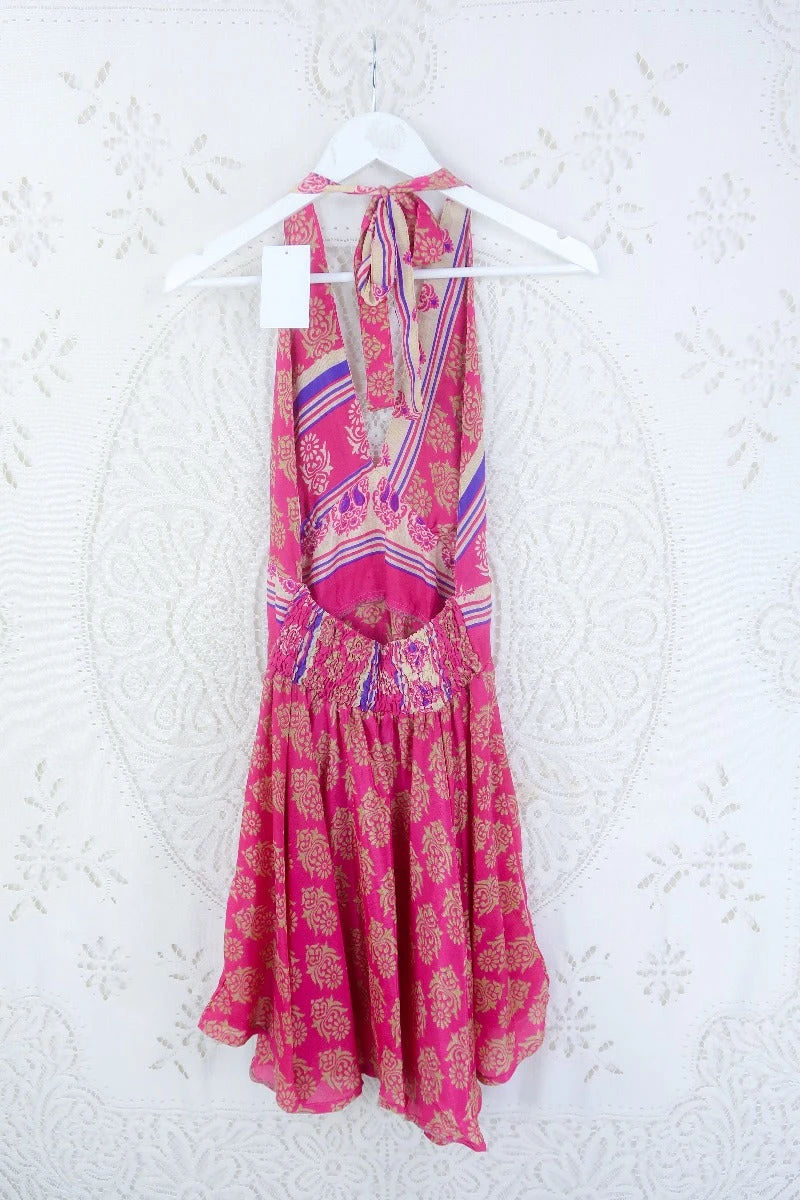 Sydney Mini Halter Dress - Bright Cerise Pink Floral Motif - Vintage Sari - S 3 Sydney Mini Halter Dress - Bright Cerise Pink Floral Motif - Vintage Sari - S - Image 3