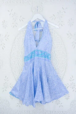 Sydney Mini Halter Dress - Misty Blue Floral Jacquard - Vintage Sari - S/M