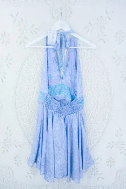 Sydney Mini Halter Dress - Misty Blue Floral Jacquard - Vintage Sari - S/M -KIKIS Clothing Shop IMG 5281