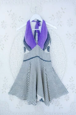 Sydney Mini Halter Dress - Pearl White, Jet & Lavender Stripe - Vintage Sari - S/M