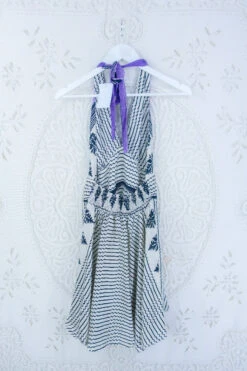 Sydney Mini Halter Dress - Pearl White, Jet & Lavender Stripe - Vintage Sari - S/M -KIKIS Clothing Shop IMG 5284