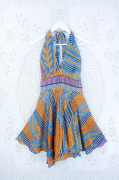 Sydney Mini Halter Dress - Honey & Cornflower Blue Leaf Print - Vintage Sari - S/M