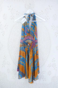 Sydney Mini Halter Dress - Honey & Cornflower Blue Leaf Print - Vintage Sari - S/M -KIKIS Clothing Shop IMG 5287 38707aee 4359 4ff7 b2e5 047d3af9b13d